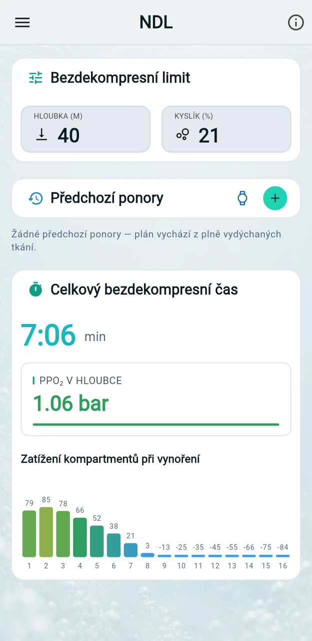 Jak dlouho mohu zůstat, než budou nutné dekompresní zastávky?