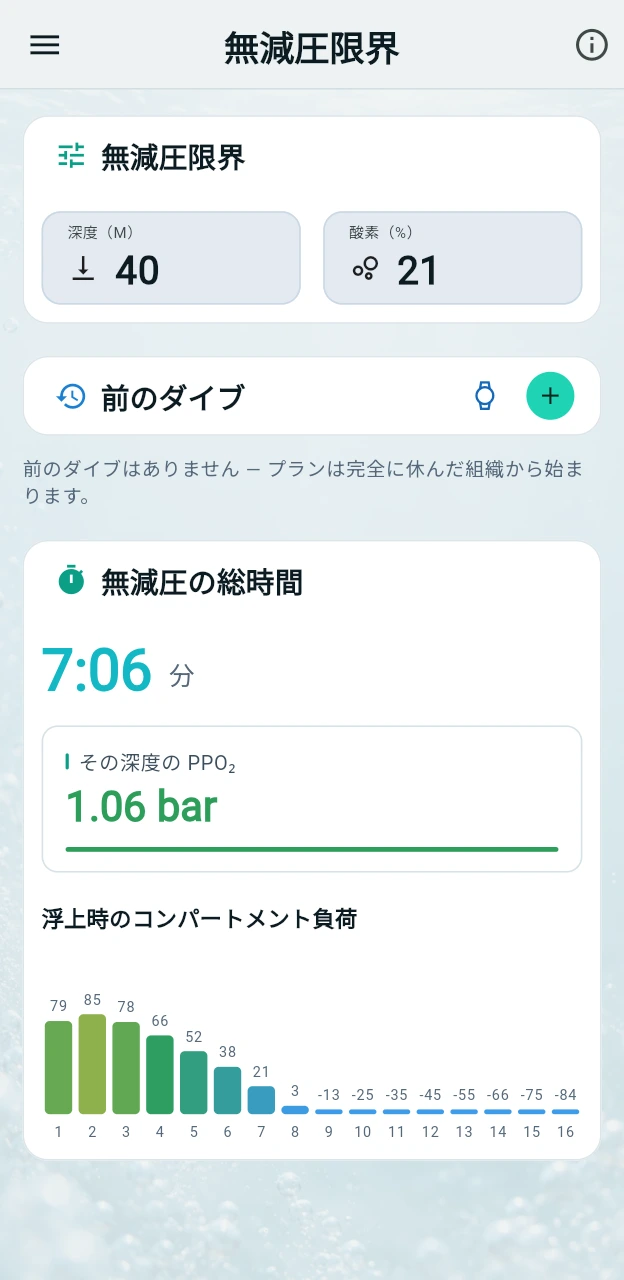 義務的な減圧停止が必要になるまで、あとどれくらい滞在できる？