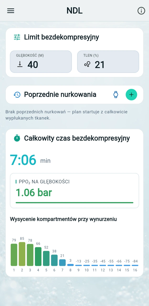 Jak długo mogę pozostać, zanim będą wymagane przystanki dekompresyjne?